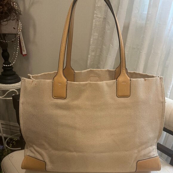 👜 Tory Burch Canvas & Leather Large Ella Tote – Natural/Tan - Picture 2 of 4